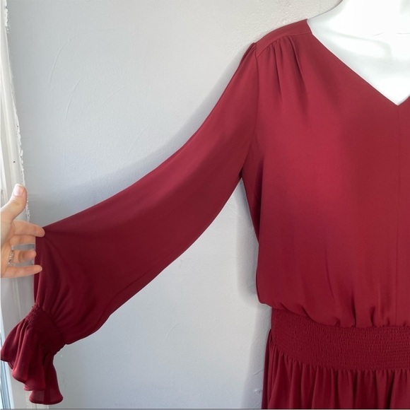 CHELSEA28 Burgundy Mini Dress Size Small Boho Long Ruffle Sleeve Smocked - Picture 3 of 8